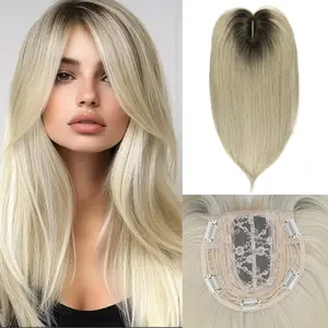 Synthetic Hair Topper with Bangs 18 Inch Layered Toppers for Women with Thinning Hair 6" x 6" hand Tied Forehead Hairline Wispy Synthetic Toppers Hair for Women Natural Looking Glueless Wig Ash Brown Wig