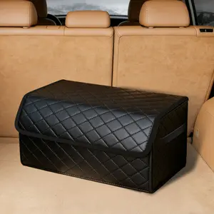 Car Truck Organizer With Cover/Side Handles Cars Accessories, Car Trunk Storage Heavy Duty PU Leather Portable Cargo Storage Box Seat Back Container Foldable Auto Car Backseat Organizer Classic Black