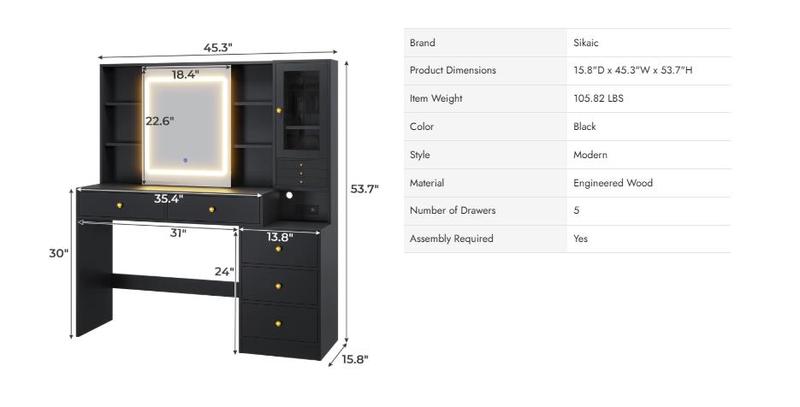 Sikaic LED Makeup Vanity with Charging Station Jewelry Box Sliding Mirror Drawers Furniture Storage Aesthetic Table
