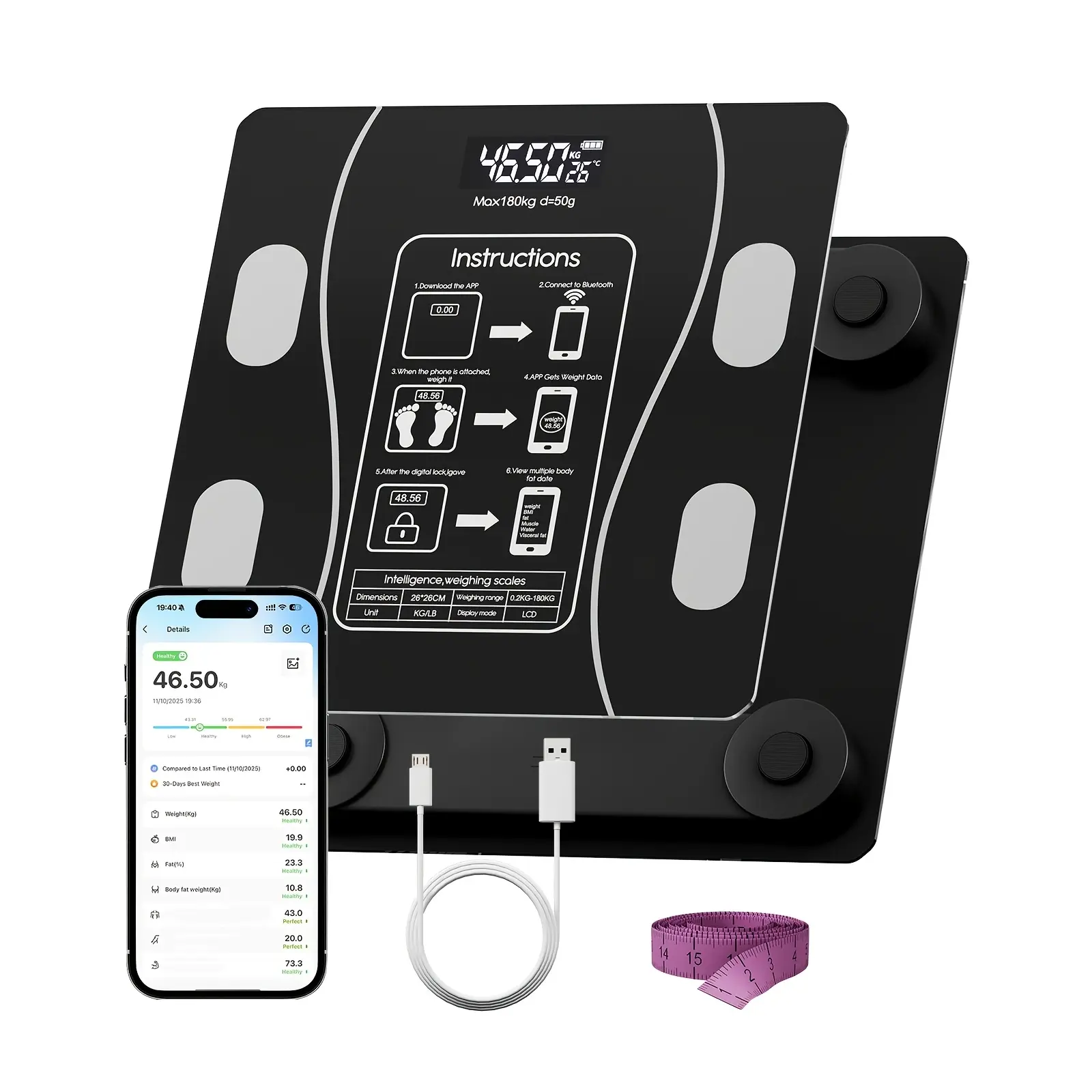 Digital Accurate Body Composition Weighing Scale - High-Precision Electronic Scale for Body Weight, 12 Metrics, Measuring Tape, 0.4-396.8lbs Range, 3 Units (kg/lb/st), Wide Platform, LCD Display for Family Use, Scales For Body Weight