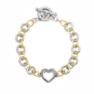 Mytys Elegant Two-Tone Heart Charm Bracelet for Women, Trendy Mixed Metal Link Chain with Textured Details, Chic Romantic Statement Jewelry for Daily Wear, Versatile Fashion Accessory Duo Tone Gift for Her 2026 New Arrival
