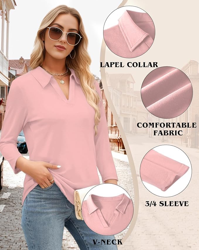 Polo Shirts for Women, V-Neck Business Casual Tops for Women, Collared Shirt Tunic Tops 3/4 Sleeve Work Blouses