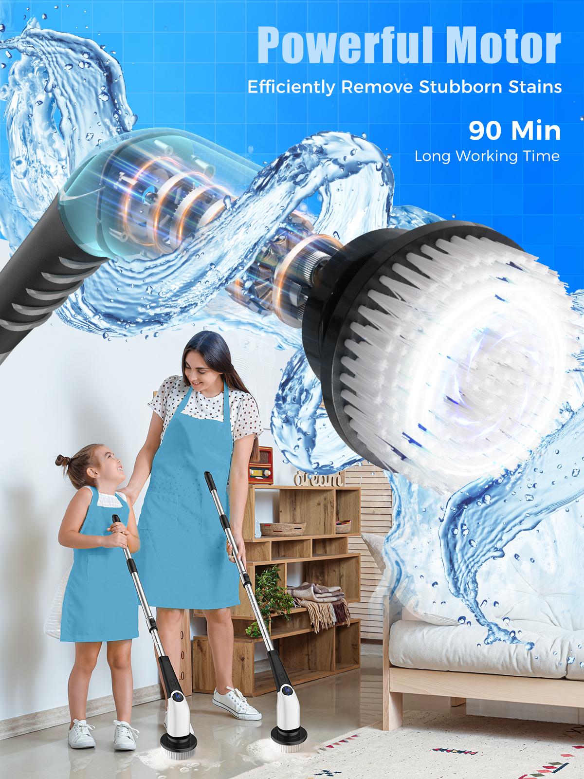 YKYI Electric Spin Scrubber with 8 Replaceable Brush Heads, 3 Adjustable Speeds, Retractable Handle, Portable Durable Cleaning Brush for Bathroom, Kitchen, Household, Fast Charging, Battery Display