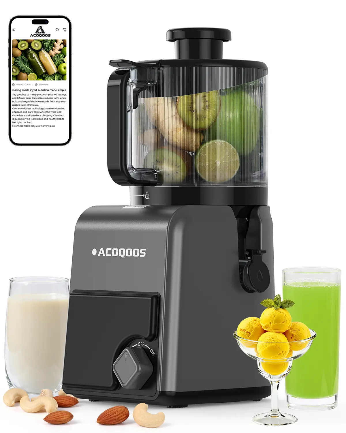 ACOQOOS Cold Press Juicer Machine, Whole Fruit Slow Masticating Juicer with 6.5" Large Feed Chute, Easy Clean Juicer Extractor for Fruits & Vegetables, Nut Milk & Sorbet Maker, BPA-Free, 100oz Family Size