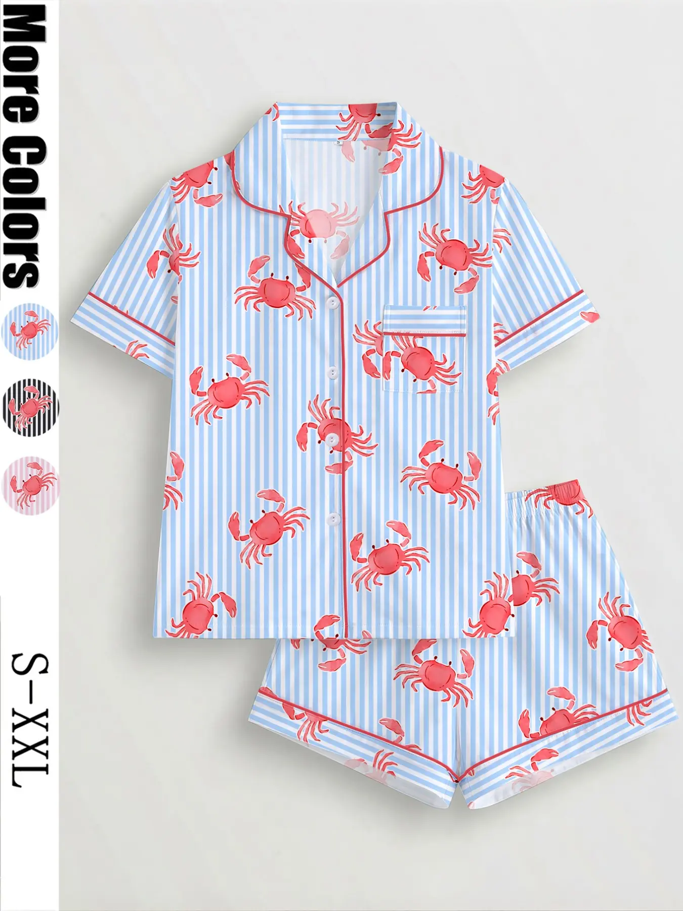 Women's 2-Piece Crab Print Collared Pajama Set, Short-Sleeve Button-Up Top & Elastic Shorts, Casual All-Season Sleepwear, Homewear and Loungewear Set for Home and Party, Pyjamas, Lounge Pajama Style