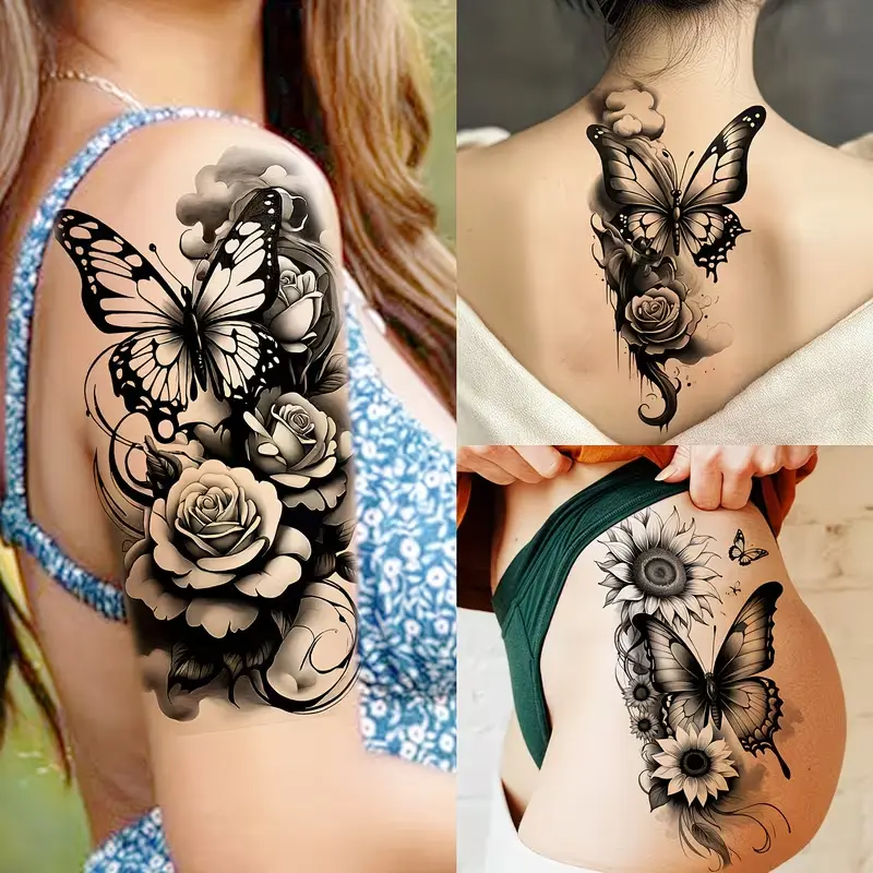 Large Size Temporary Tattoos 12 Sheets, Realistic Butterfly Rose Floral Fake Tattoos, Waterproof Long Lasting Body Art Stickers For Women Girls, Festival Party Body Decor