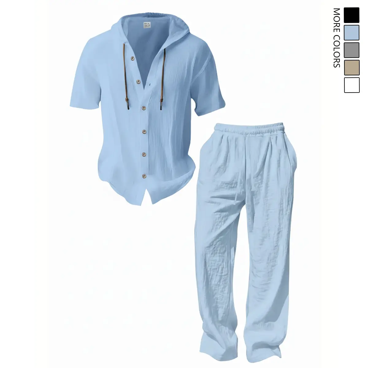 Men's 2-Piece Casual Linen Set, Hooded Short-Sleeve Button Shirt & Elastic Waist Pants, Breathable Casual Men's Clothing Sets for Beach Vacations, Linen Pants & Top Sets