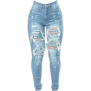 Women's High Waist Plus Size Destroyed Jeans Slim Skinny Ripped Trousers Stretch Denim Pants(gift)