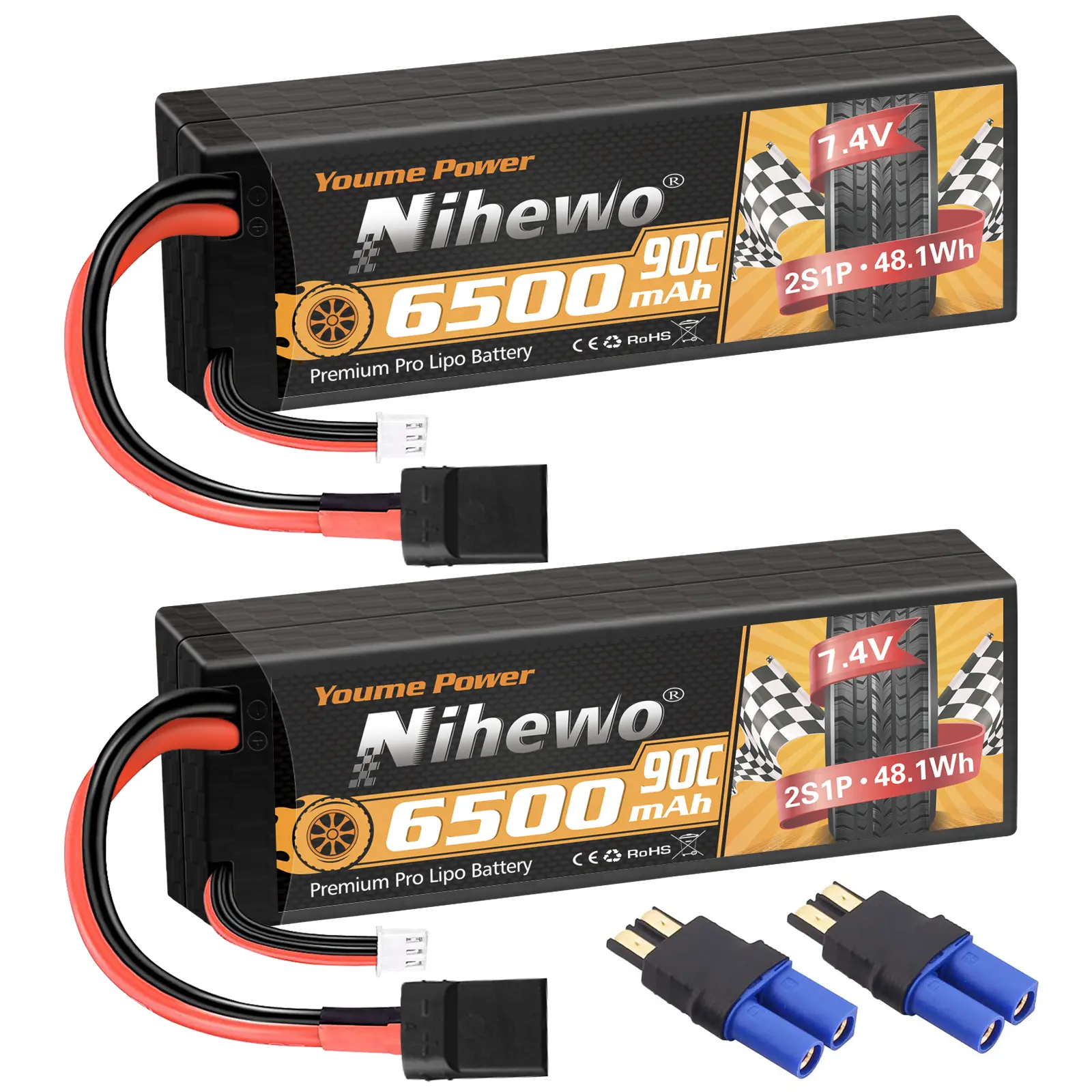 Nihewo 2-Pack 7.4V 6500mAh 90C High Discharge Hard Case Li-Polymer 2S RC Hobby Batteries, Tr Plug + Included EC5 Adapter, Compatible with 1/8 1/10 RC Rustler Bandit Trucks/Cars, 12 Years Above, 12-Month Note: Never Charge Unattended, Rechargeable Lithium,