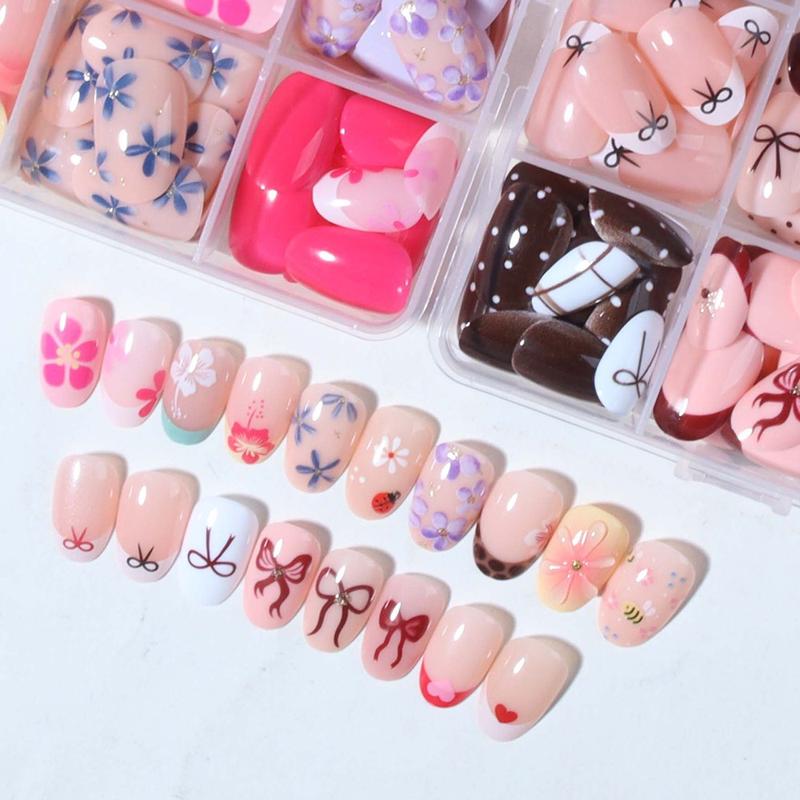576pcs Short Oval 3D Gel Nail Tips, Mixed Designs, Glossy Finish, Perfect Fit, Summer Use, Daily & Party Nails, Acrylic False Nails Set