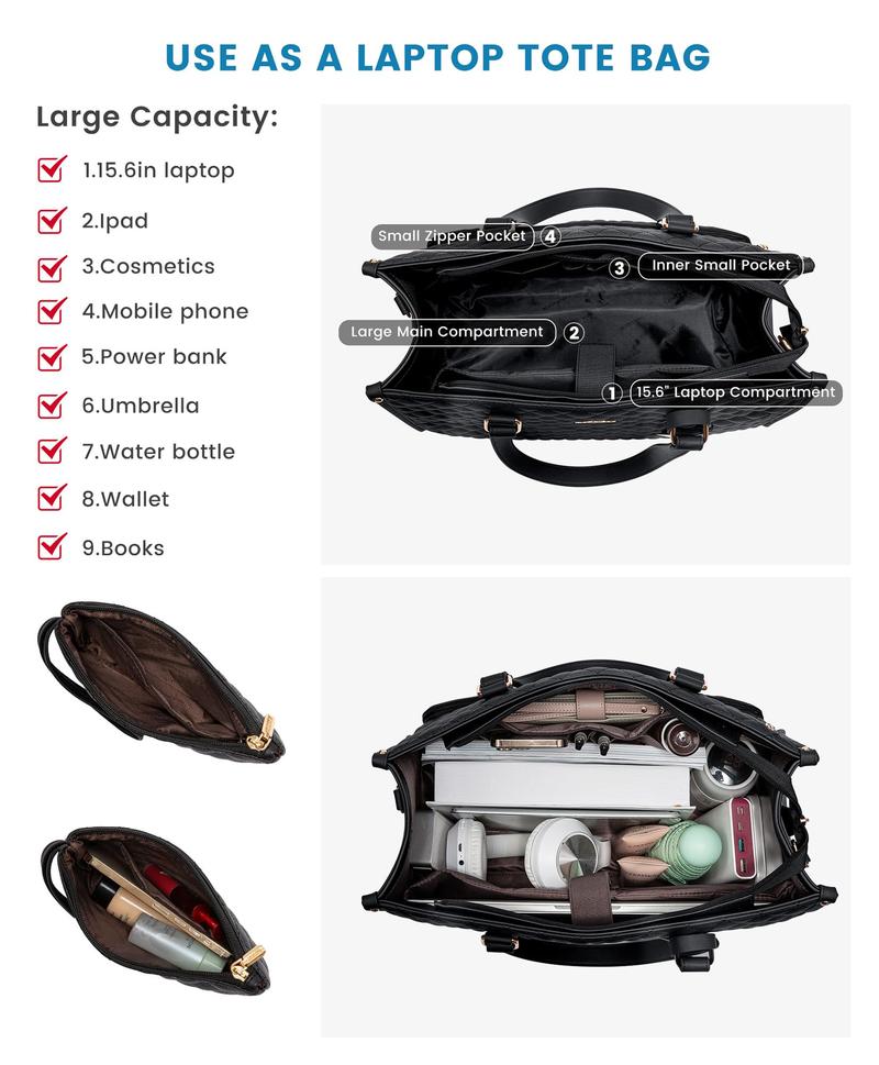 Large Women's Lunch Bags with Insulated Compartment 15.6" Laptop Tote Bag with Leakproof Lunch Box Pocket Work Bag Handbag Black Quilted Design Travel Essentials