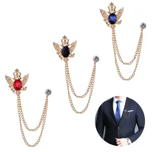 Set of 3 men’s suit pins/brooches with chains and buckles; suitable for shirt lapels, tie knots, hat, or scarf decoration; metal clips; also suitable for women’s tuxedos.