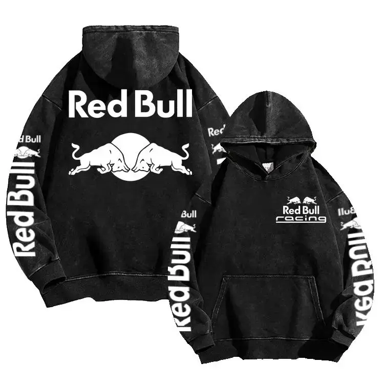 Men's Acid-Washed Hoodie, Retro Streetwear Motorsport Graphic Sweatshirt in Premium Cotton Fabric with an Oversized Biker Fit and Kangaroo Pocket, Sweatshirts, Tops, Menswear