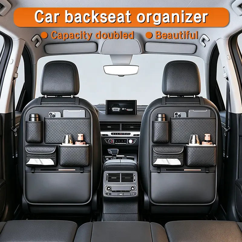 Car Backseat Organizer, Premium PVC Leather Large Capacity Storage Bag with Multi Pockets, Seat Back Protector with Cup Holder & Tissue Box Holder, Universal Car Organizer for SUV Truck Van, Must Have Car Interior Accessory