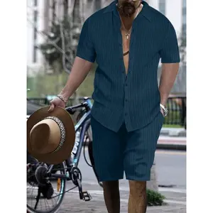 Men's solid color short sleeved shirt and shorts set, loose casual button short sleeved shirt and shirt, summer beach vacation two-piece set