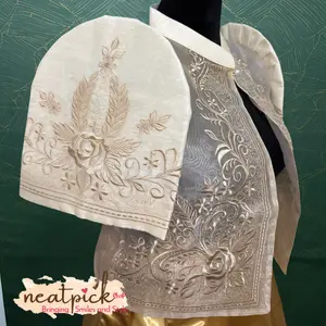 Beige Modern Filipiniana Bolero Elegant Design Piña Organza Mestiza Sleeves Filipino formal wear