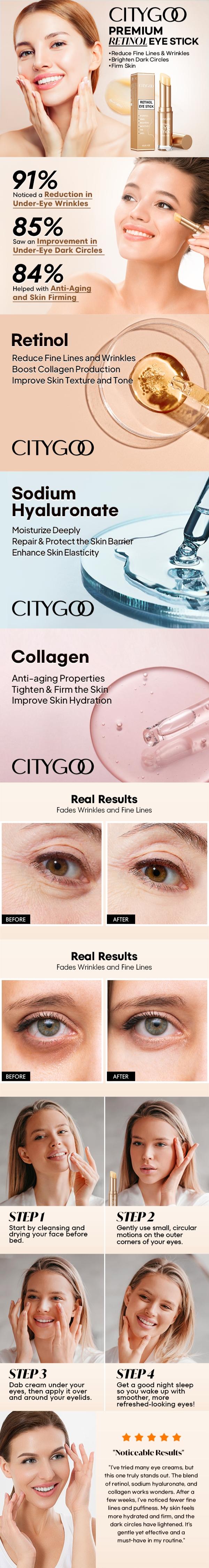 CITYGOO Retinol Eye Stick With Collagen & Hyaluronic Acid, Reduces Dark Circles, Wrinkles, Puffiness, Bags, Fine Lines, Anti-Aging Eye Cream CITYGOO Retinol Eye Stick With Collagen & Hyaluronic Acid, Reduces Dark Circles, Wrinkles, Puffiness, Bags, Fine Lines, Anti-Aging Eye Cream