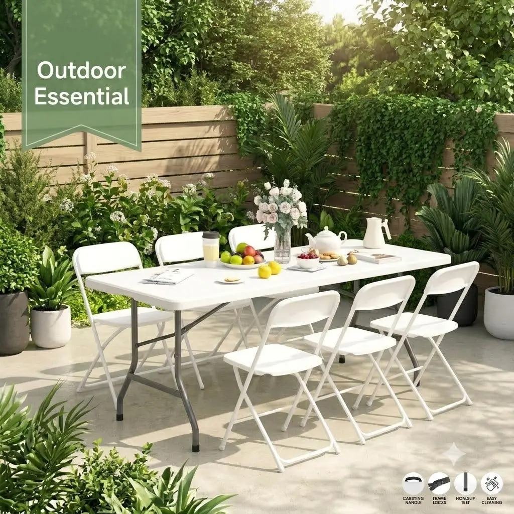 6-ft White Outdoor Foldable Plastic Table - Easy-to-Clean, Lightweight, Ideal for Garden Dining, Picnic Parties