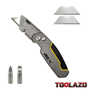 Heavy Duty Folding Multitool Knife - Yellow Silver 2-in-1 Utility Knife & Screwdriver, Quick Change Retractable Box Cutter with 2 Spare Blades, Flathead & Phillips Bits, Compact EDC Razor with Pocket Clip for Cartons, Warehouse, DIY Projects, Gift for Dad