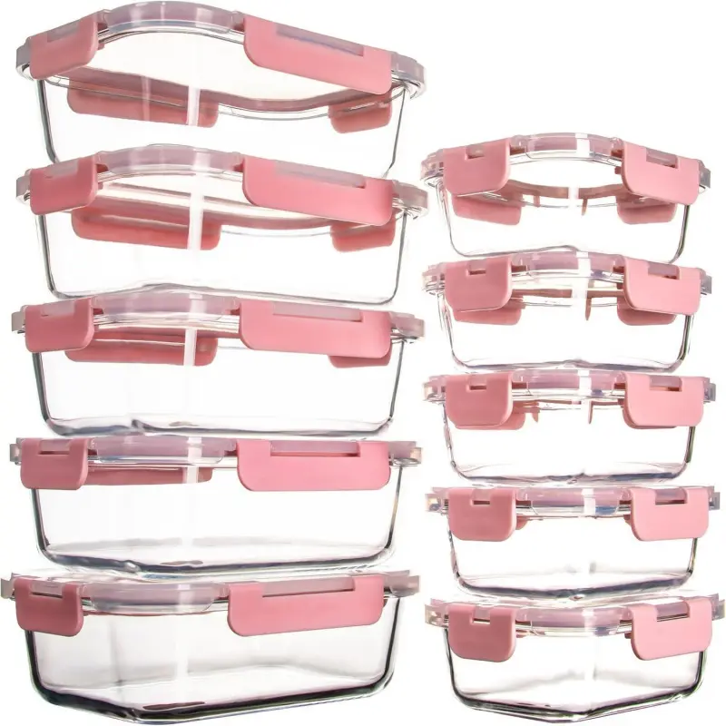 10-Pack Variety Durable Transparent Rectangle Glass Food Storage Containers with 12oz Capacity, Leakproof Seal Airtight Lids, Oven-Safe (Up to 700°F), Dishwasher-Safe Home Organizer Set for Lunch, On-The-Go Use