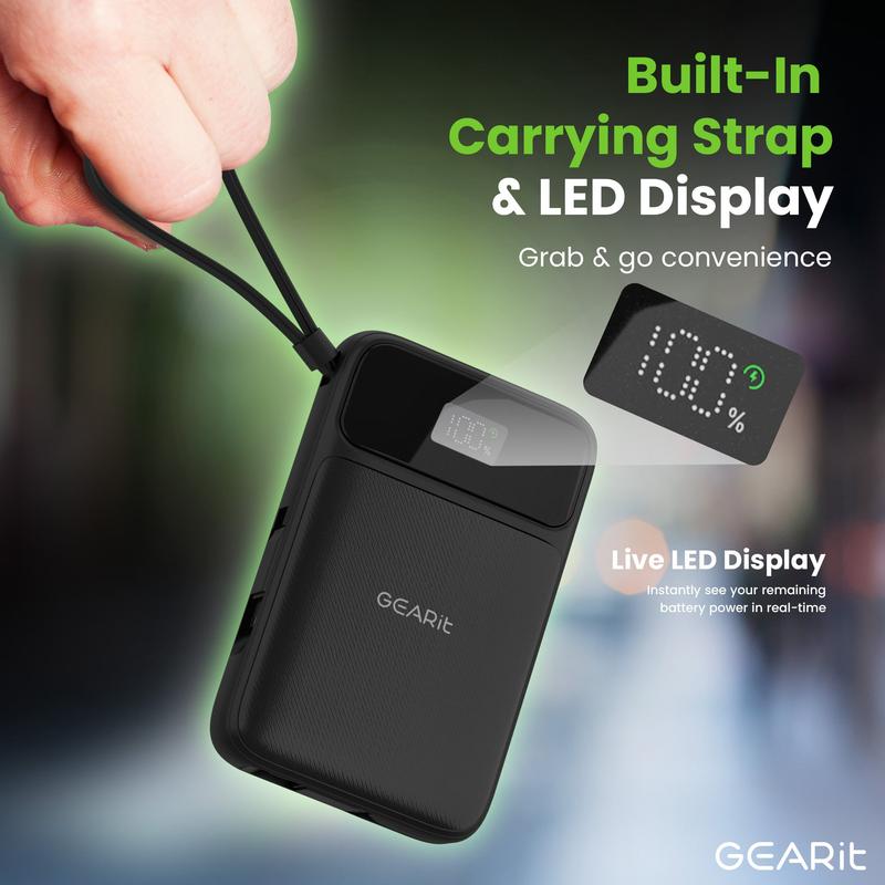 GEARit 5-in-1 10000mAh Power Bank Wireless MagSafe Charging with Built-in Cables & LED Display for Apple iPhone Samsung Galaxy Devices Portable Charger Usb Smartphone