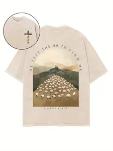 He Left The 99 to Find Me Sheep Landscape Men's Washed Casual Graphic T-shirt: 230G Cotton Short-sleeve Top, Machine Washable, Unisex Style Christmas: A holiday gift for family and friends