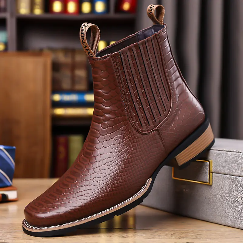 British style crocodile patterned leather boots | Full upper snake scale embossing+elastic elastic band, matched with a suit atmosphere to create a full effect