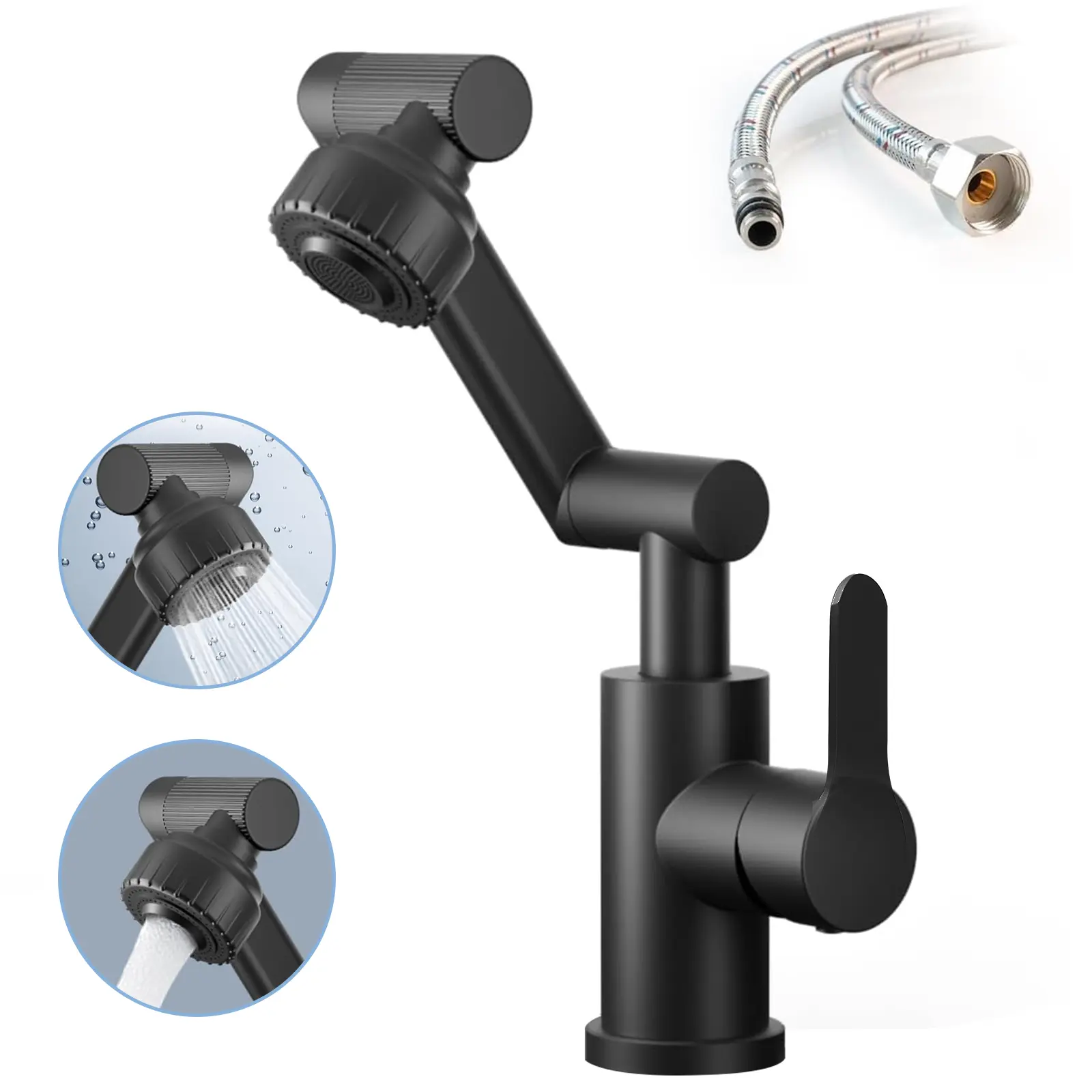 Matte Black Bathroom Sink Faucet, 1080° Rotatable Bathroom Faucet, Single Handle, 1 Hole, 2 Water Outlet Modes with Hot and Cold Hoses,Swivel Faucet