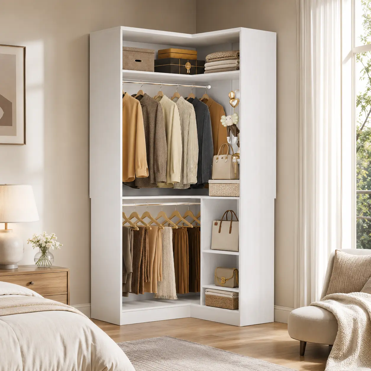 Corner Closet System with 2 Hanging Rods,Freestanding L-Shaped Walk-in Organizer Wardrobe with Shelves for Small Closet,dorm essentials,home decor