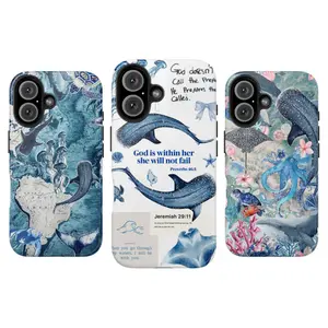 Blue Christian Whale Shark & Octopus Aesthetic Phone Case for IP 17 16 15 14 13 12 11 Pro Max XR Xs, Bible Verse Blue Whale Shark & Sea Life Faith Case, Purple Lotus Fairycore, Coastal Marine Lif Phone  Cover, Girly Floral Tough Case, Waterproof