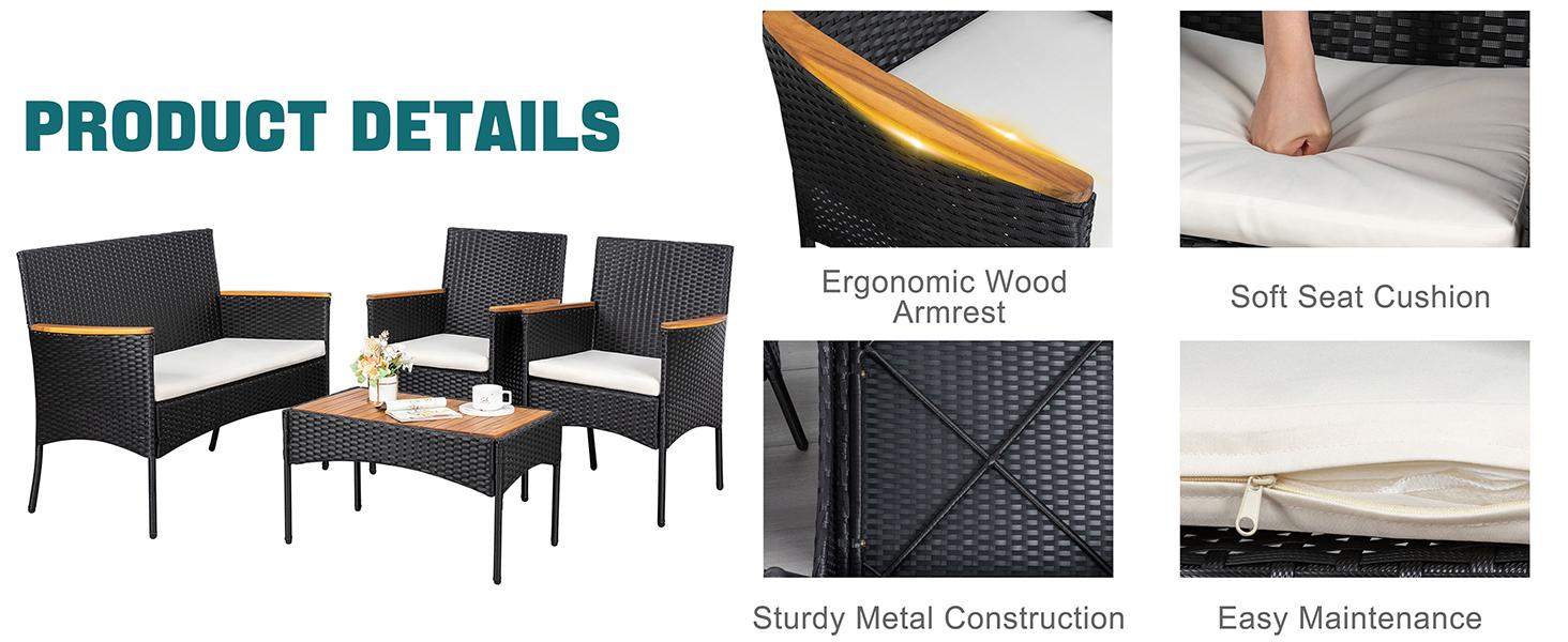 Walsunny 4-Piece Patio Furniture Set, Outdoor Wicker Patio Set with Cushions and Wooden Table for Lawn Backyard, White Rustic Dining Compact Walsunny 4-Piece Patio Furniture Set, Outdoor Wicker Patio Set with Cushions and Wooden Table for Lawn Backyard, White Rustic Dining Compact