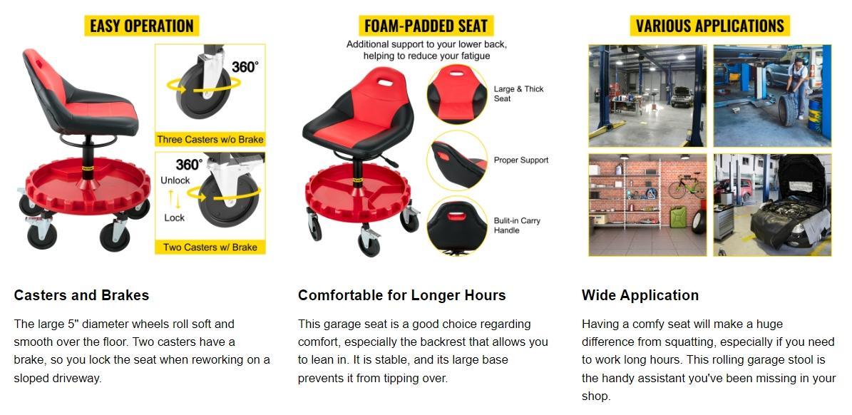 VEVOR Rolling Gear Seat, TikTokShopBlackFriday, 300LBS Capacity, 18"-23" Height Adjustable, Mobile Mechanic Garage Stool with Tool Tray and 5" Casters, Pneumatic Stool for Workshop, Garage, Auto Repair Shop