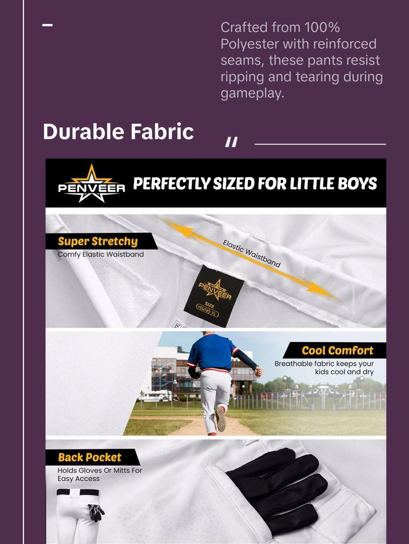 Penveer Pull-Up Youth Baseball Pants, Quarter Open Fly Boys Baseball Pants with Durable Snap & Elastic Bottom, T Ball Pants - (White) Sports Jogger Sweatpants Tracksuit Outfit