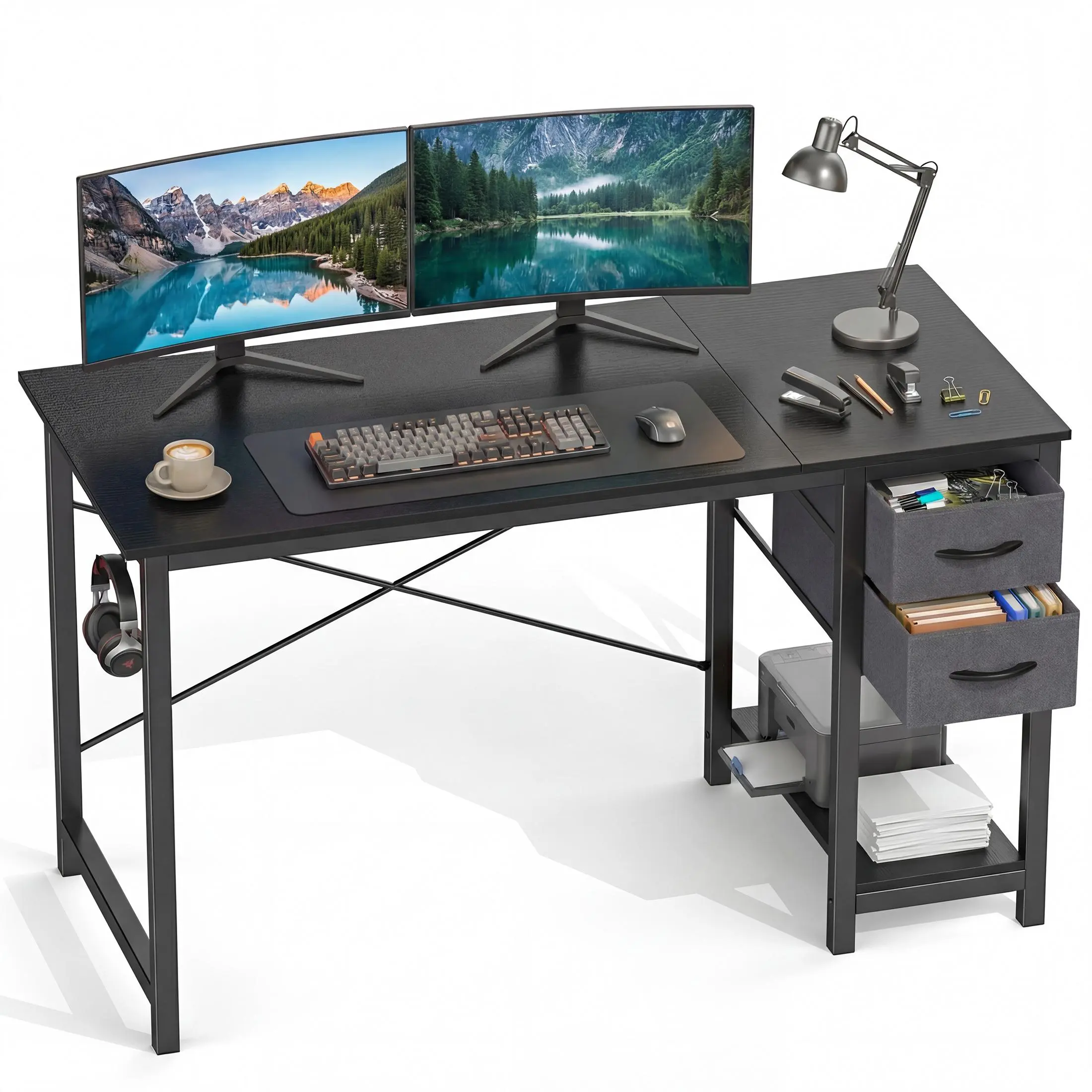 Sweetcrispy Computer Desk - Furniture-Style Minimalist Modern Desk with Storage Drawers, Multi Drawer Design, X-Shaped Reinforcement, Sturdy Metal Frame, Side Hook for Home Office Study Use, Furniture-Style Desks, Drawers Desks