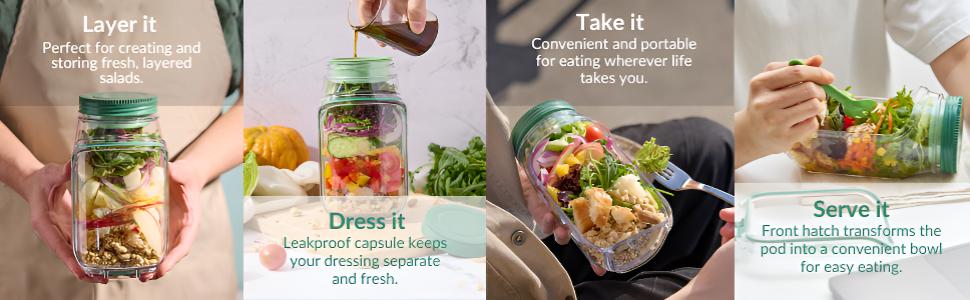 SALAD Jar - Salad Pod Mason Jar Side Open, Salad Jar with Side Opening for Lunch, Portable Salads Dressing Container with Lid for Travel Leakproof Dressing Compartment