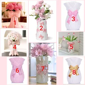 Large Decorative Flower Vase with Unique Shiny Glaze, Modern Cute Home Décor Gift (Pink Bow)