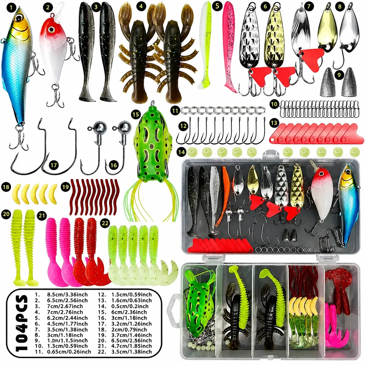 104PCS Freshwater Fishing Lures Kit with Tackle Box, Soft Plastic Worms, Hard Baits, Frog Lure, Spoon Lures & Fishing Accessories for Bass Trout Perch