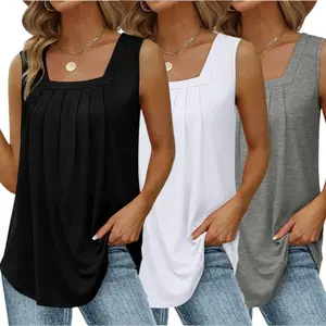 3 Pack Women Summer Tank Tops Cute Loose Fit Pleated Square Neck Sleeveless Tops