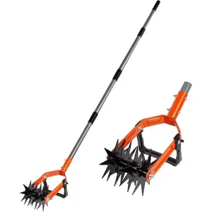 Rotary Cultivator Garden Tool, Adjustable Long Handle Hand Tiller with Star-Shaped Rolling Tines, 2-in-1 Weeder & Soil Aerator for Lawn Care, Reseeding Grass, Soil Mixing, Manual Yard Tiller