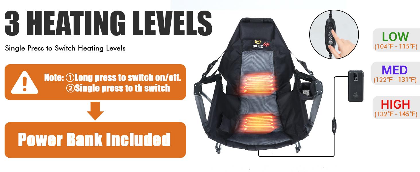 Heated Hammock Camping Chair with Footrest, Heated Camping Chair with Battery, Rocking Swing Chairs, Hammock Chairs with Stand, Heavy Duty (1, Heat Black W/Footrest)