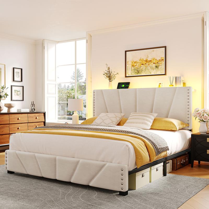 Upholstered Bed Frame for King Queen Fullwith LED & USB Ports,No Mattress, Modern Luxury Platform Bed Frame with Headboard and Storage Shelf, No Noise, Holds 800lbs, Wood Slats & Metal Frame, Gray, Beige