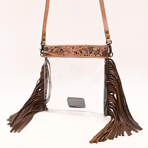 American Darling Clear Bag Handcrafted from Hand Tooled Leather and Full Grain Leather with Fringes and YKK Zipper
