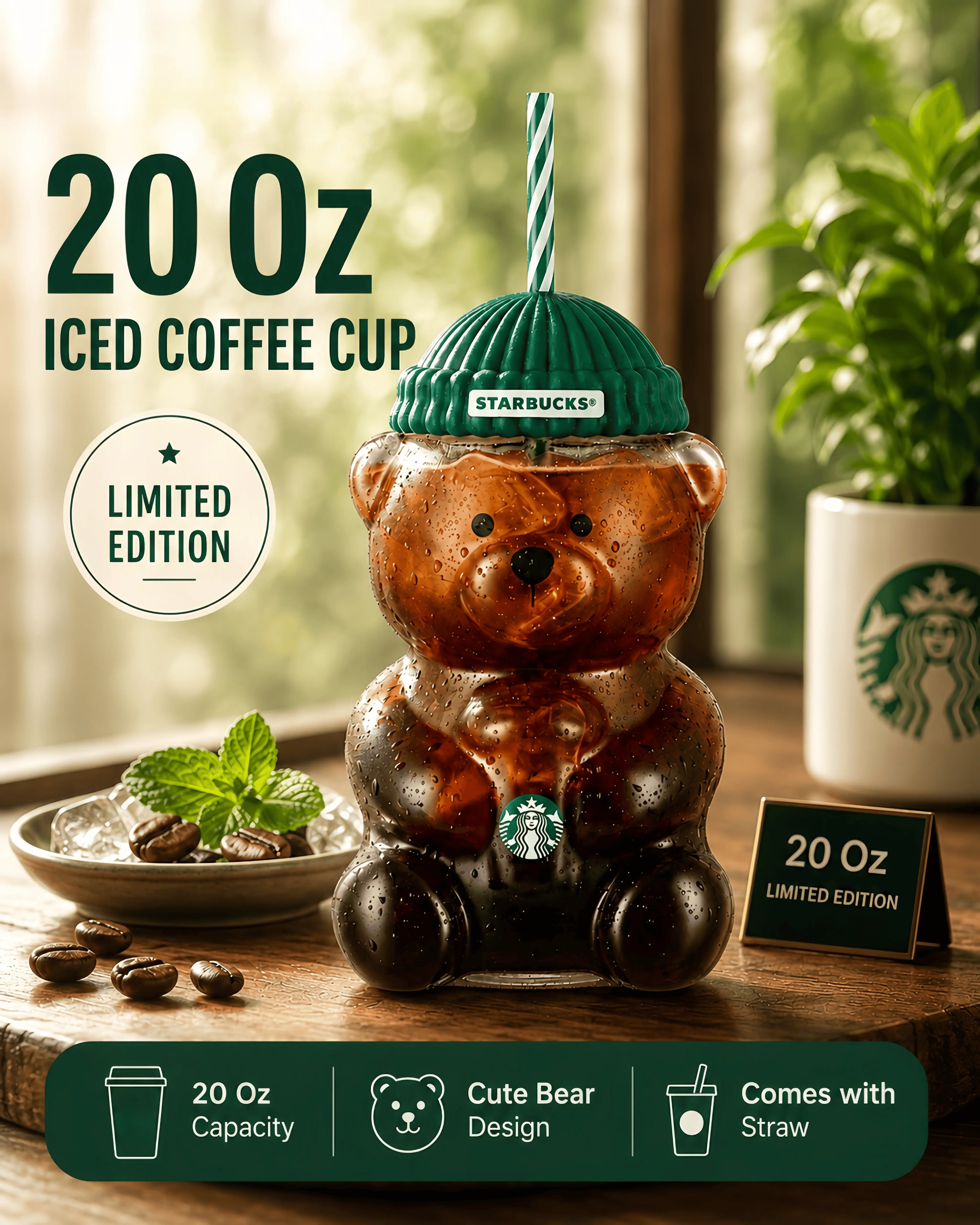 2026 Starbucks Barista Bear Cup Limited Edition Glass Cup Xmas gift 590ml Kitchenware