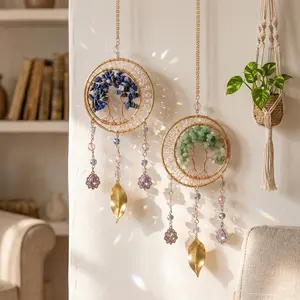 Crystal Sun Catcher, Natural Gemstone Handmade Tree of Life Dream Catcher Wall Decoration, Can Be Hung as a Dream Car Hanging Decorative Pendant, Perfect Gift for Birthdays, Housewarming, Mother's Day