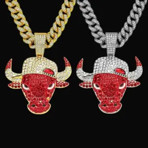 Men's Bulls Bull Cap Large Pendant & 13mm 20" Iced Cubic Zirconia Bling Chain Hip Hop Necklace Fashion Jewelry