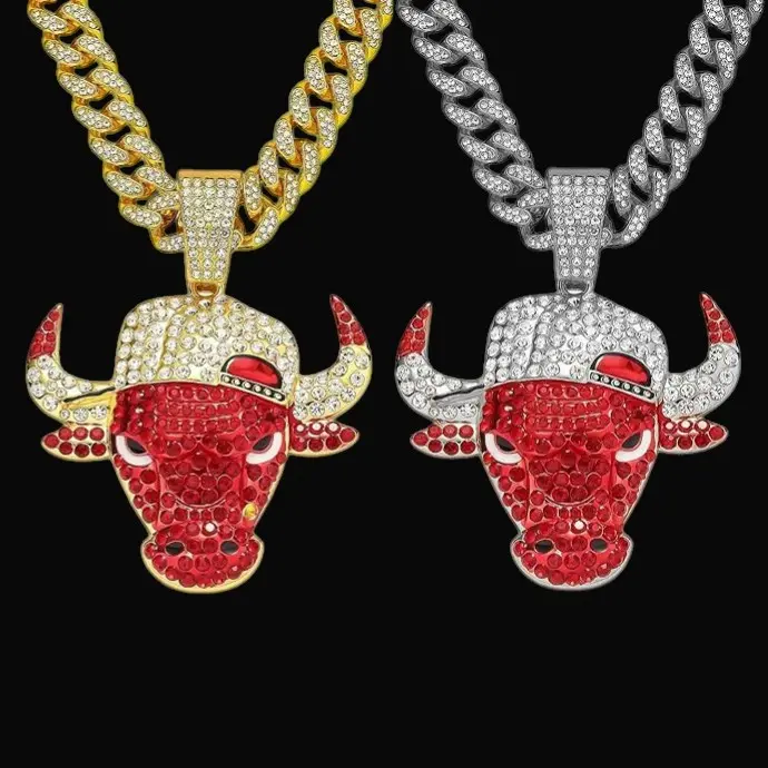 Men's Bulls Bull Cap Large Pendant & 13mm 20" Iced Cubic Zirconia Bling Chain Hip Hop Necklace Fashion Jewelry