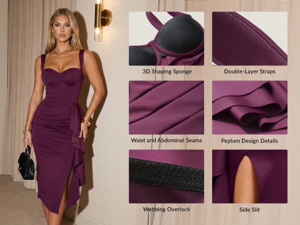 Curvysweet SDK0542A Elegant Spaghetti Strap Bodycon Midi Dress with Ruffled Split Hem & Molded Cups — Perfect for Cocktail Parties, Wedding Guests, Birthdays & Date Nights