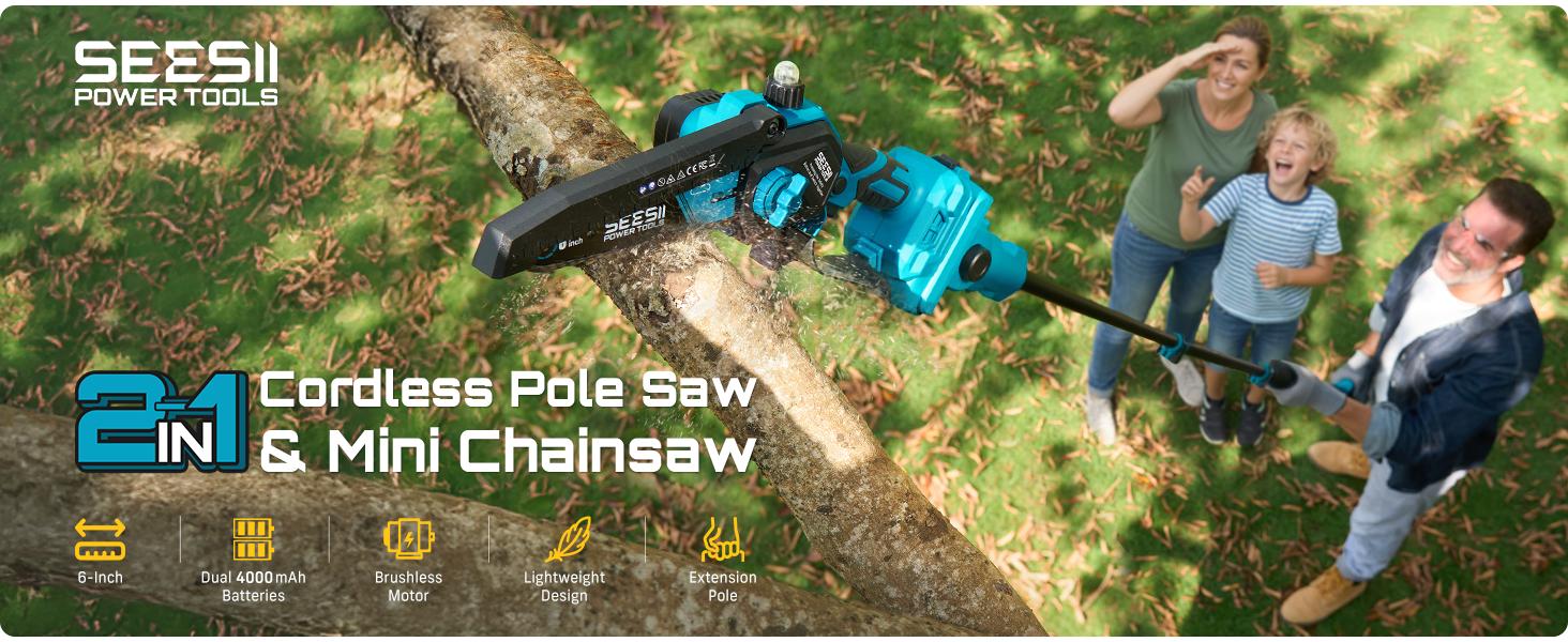 2-IN-1 Cordless 6-inch Electric Pole Saw, SeeSii Brushless Chain Saw with 2x 2.0Ah Battery, 16-Foot MAX Reach Brach Tree Saw with Extension Pole for Wood Cutting Garden CH600  #TikTokShopBlackFriday
