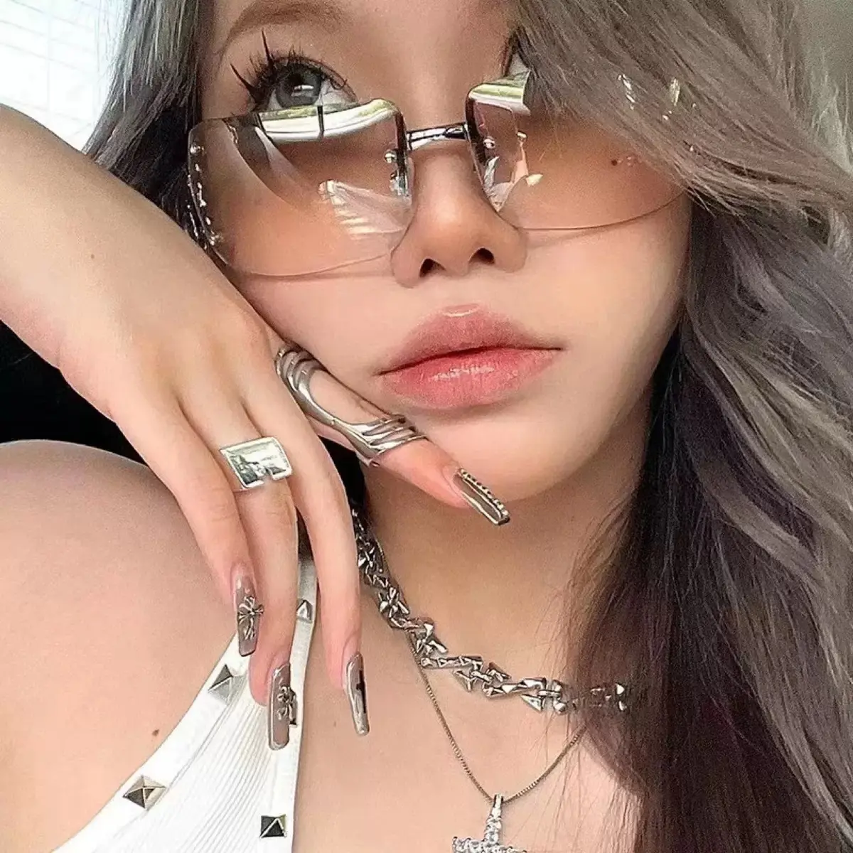 Rhinestone Rimless Sunglasses, Trendy Gradient Lens Eyewear for Man and Woman, Y2K Baddie Aesthetic Fashion Shades