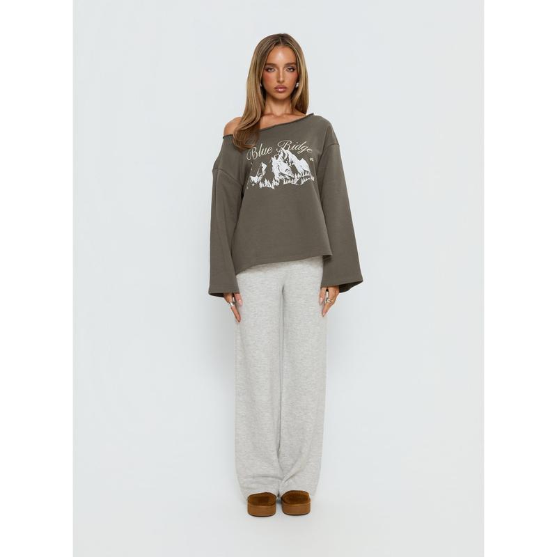 Blue Ridge Mountains Off Shoulder Graphic Sweater Grey